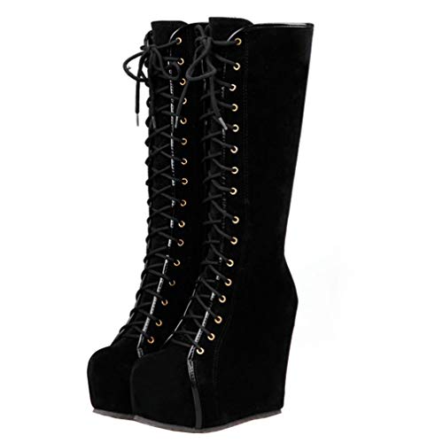 KOKOMOMO Womens Platform Wedge High Heels Mid Calf Length Lace Up Boots