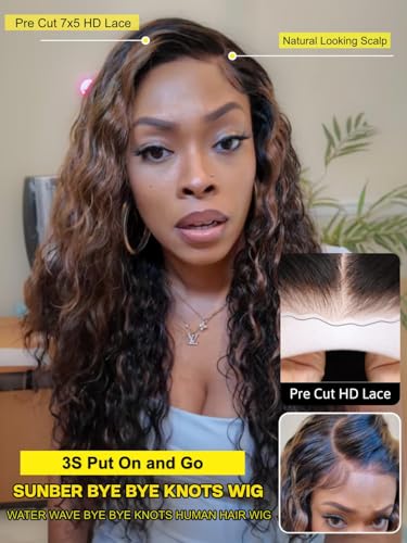 Image of Sunber Bye Bye Knots 7x5 Lace Glueless Water Wave Human Hair Wig 18Inch
