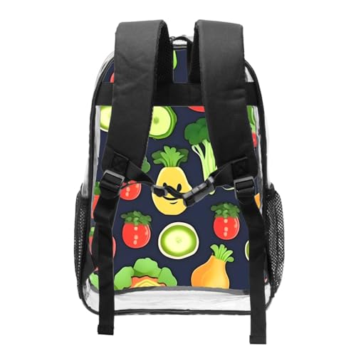 Cartoon Vegetable Fruit Print Work Travel Stadium Events Transparent Backpack PVC Clear Bag Large Side Pockets2