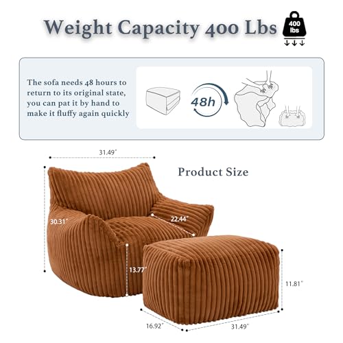 Oversized Bean Bag Chaise Lounge Chair Indoor for Adults with Armrests & Ottoman - Giant Comfy Orange Beanbag Floor Sofa Cloud Accent Chair for Reading, Gaming, Cozy Plush Cloud Mini Couch
