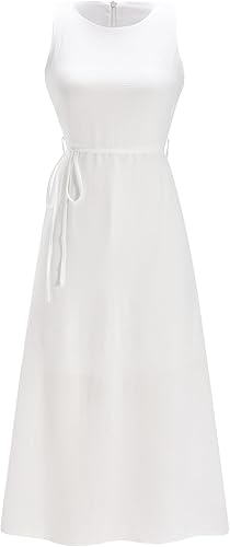 winkbay Women's Summer Sleeveless Midi Dress Elegant Casual Belted Crew Neck Vac