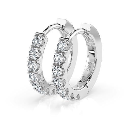 Aros de Oro Blanco 585 con 14 Diamantes 0.42 ct - Pendientes de Aro para Mujer en Oro Auténtico - Joya Clásica
