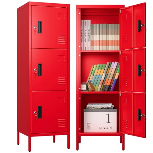 Image of Aobabo 16 inch W 3 Door Metal Storage Locker with Lock, 47 inch H Steel Locker with Name Card Holder and Metal Leg for School, Home, Office, Playroom, Assembly Required, Red