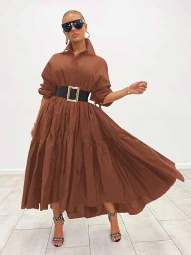 Image of Women's Long Sleeve Maxi Shirt Dress Elegant Button Down Loose Swing Party Dress