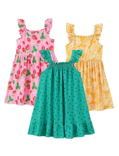 PATPAT Toddler Girl Dresses Multipack – Green Strawberry, Yellow Pineapple