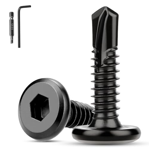 XRXYMQ 60 Pièces Vis Autotaraudeuses Acier Inoxydable M6.3x19 mm Vis à Tôle Autotaraudeuses 410 à Six Pans Creux Autoforeuses Noires avec Tournevis Clé Allen