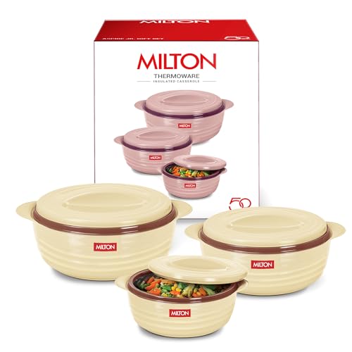 Image of MILTON Aspire Jr. Set of 3 Serving Casserole Double Walled Inner Stainless Steel, (350ml, 720ml,1050 ml), PU Insulated Kitchen Hot Pot, Keeps Food hot & Fresh for Roti, Biryani, Beige