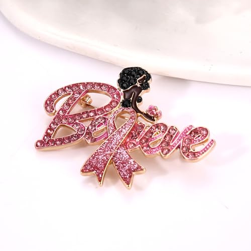 Image of Breast Cancer Awareness Pink Rhinestone Ribbon Pin - Faith Believe Women's Brooch, Survivor Lapel Pin for Cancer Month - Merchandise Accessories Decor