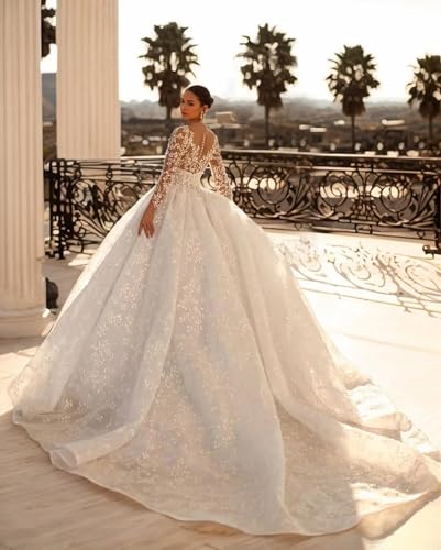 Jamille Women's Lace Beach Wedding Dresses for Bride 2025 Deep V Neck Long Ball Gowns with Train Sleeve High Waist JA01253