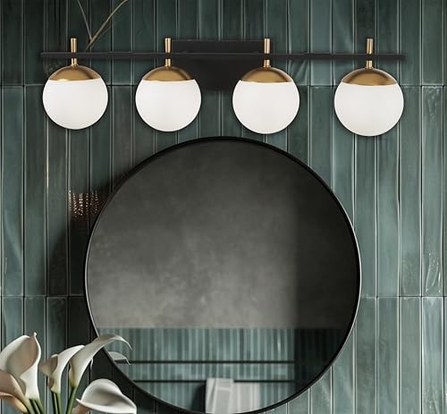 Image of GEORGE KOVACS P1354-618 Alluria Vanity Bath Light, 4-Light, 300 Total Watts, 8.5-in H x 33-in W, Weathered Black with Autumn Gold