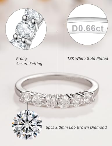 IMOLOE Lab Grown Diamond Wedding Bands for Women，0.69 Carat Ring 6 Stones Eternity Rings for Women in 18K White Gold Plated Sterling Silver Size 4-112