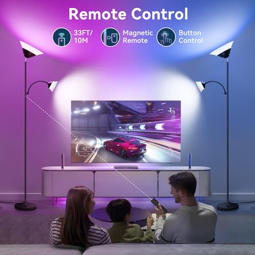 Image of SIBRILLE RGB Torchiere Floor Lamp, 2-in-1 Dimmable Standing Lamp with Remote & Button Control, 34W 360 Rotatable LED Reading Lamp, 72 inch Modern Tall Corner Lamp for Bedroom, Living Room, Office, Black