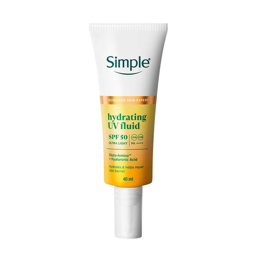 Simple Hydrating UV Fluid |SPF 50 PA++++ | With Hyaluronic Acid & GlutaAmino Technology| Sunscreen for Dry Skin & Sensitive Skin | Ultra Lightweight & Non-Sticky | UVA UVB & Bluelight protection |40ml