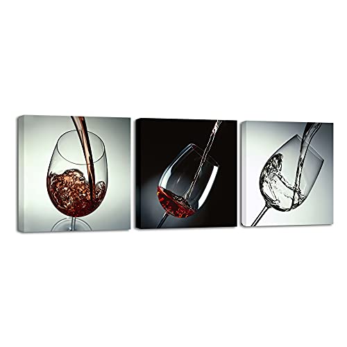 Wieco Art Wine and Cups Canvas Prints Wall Art Vintage Picture Painting Ready to Hang for Dining Room Kitchen Home Decor 3 Panels Modern Stretched and Framed Contemporary Beverages Giclee Artwork