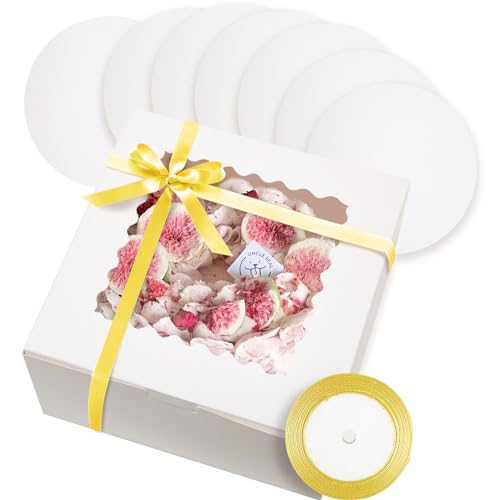 qiqee 10x10x5 Cake Box, 18 Sets White Cake Box with Window ï¼† 18 Sets 10\" White Cake Round Boards, 10inch Cake Containers, 10 Meters Gold Silk Ribbon