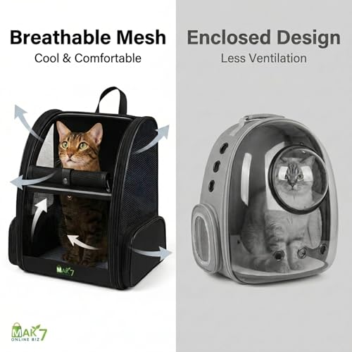 Image of MAK7 Cat Carrier Backpack | Breathable Mesh Design, Lightweight Travel Bag for Small Pets | Wide Strap, Foldable | Cat Bag Dog Carrying Bag | ThickHard Base |Pure Black|