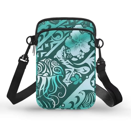 Image of Hawaiian Tribal Small Crossbody Bags for Women Cell Phone Bag Purse, Sea Turtle Zipper Sling Purses Shoulder Bag