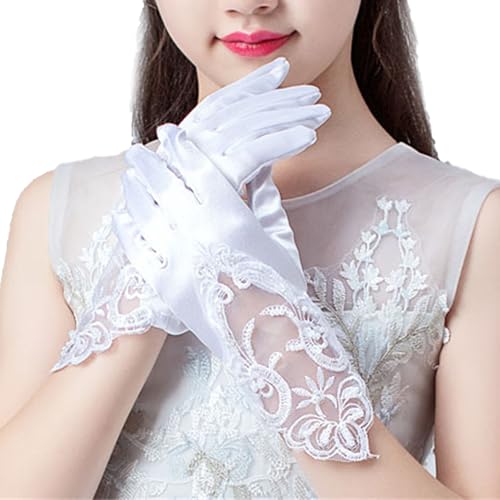 Lace Gloves for Girls Tea Party Formal Princess Dressing Gloves for Wedding Pageant Cosplay (White)