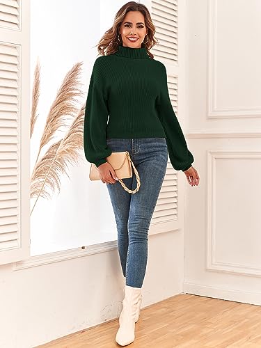 Image of ZAFUL Women's Cropped Turtleneck Sweater Lantern Sleeve Ribbed Knit Pullover Sweater Jumper