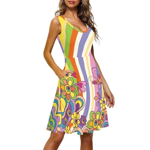 Image of Women's Casual Loose Sundress Midi Sleeveless Crewneck Dress Summer Beach Tank Dress with Pockets