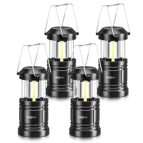 ILEEDear Pacote de 4 lanternas LED para campismo, candeeiro de campismo, kit de sobrevivência para furacões, emergências, tempestades, apagões (preto, dobrável)