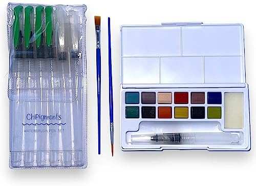 ChiPigments *Set of 12* Semi Moist Underglaze Pottery Watercolor Paint Set, 7 Waterbrushes, 2 Chisel Brushes, Storage Case. Ideal for Ceramic Glaze, Clay, Pottery & Underglaze Pencil Effects