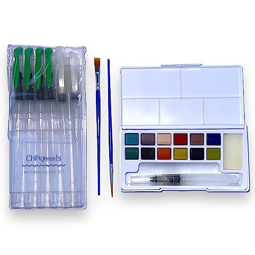 Chipigments *Set Of 12* Semi Moist Underglaze Pottery Watercolor Paint Set, 7 Waterbrushes, 2 Chisel Brushes, Storage Case. Ideal For Ceramic Glaze, Clay, Pottery & Underglaze Pencil Effects #TOP5