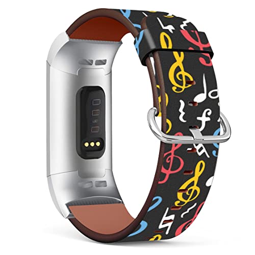 MINGDAO Compatible with Fitbit Charge 4 / Charge 3 / Charge 3 SE Patterned Leather Replacement Band , (Music Note-Wb12)