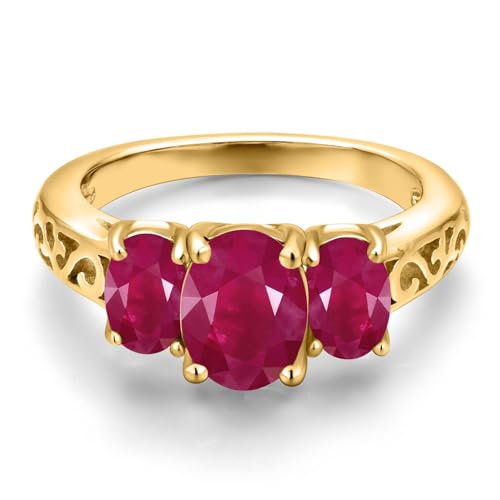 Gem Stone King 18K Yellow Gold Plated Silver Red Ruby Filigree Style 3 Stone Ring for Women (2.80 Cttw, Oval 8X6MM and 6X4MM, Available in Size 5, 6, 7, 8, 9)3