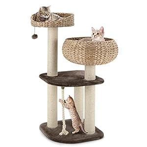 Tangkula Modern Cat Tree for Indoor Cats, Small Cat Tree with Natural Sisal Scratching Post, Hand-Made Wicker Cat Condo & Top Perch, Funny Hanging Toy Ball, Cute Cat Tree Tower for Large Cats