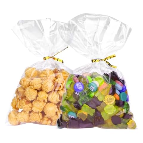 Wocuz Cellophane Bags Clear Cellophane Treat Bags with Metallic Twist Ties for Cookie Candy Bakery Popcorn Dessert Gift Giving Wraps (6x10 Inch, 100Pcs) Cover
