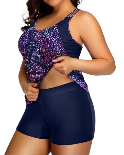 Image of Womens Plus Size Tankini Swimsuit Two Piece Tummy Control Bathing Suit | Blouson Racerback Tankini Top with Shorts, Double Up Design, Removable Pad