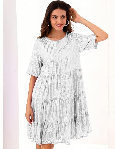 Image of Sequin Babydoll Summer Dress,Sparkly Glitter Dress Short Flowy Tiered Tunic Dress for Women Party Club Night