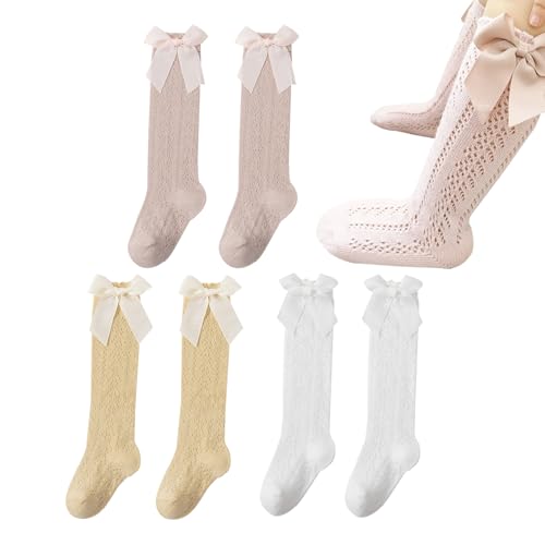 3 pares calcetines largos niña calcetines altos niña Calcetines de rodilla para niños, suaves y respetuosos con la piel, calcetines elásticos con lazos, adecuados para niños pequeños y recién nacidos