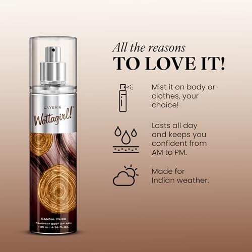 Image of Layer'r Wottagirl Sandal Bliss Body Splash for Women, 135ml | Long-Lasting Floral Woody Body Mist with Sandalwood & Musk | Everyday Fresh Fragrance | IFRA Certified