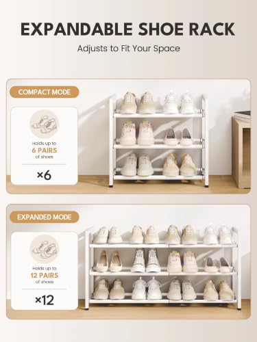 Image of Bumusty 3-Tier Expandable Shoe Rack for Closet, 18 inch-33 inch Adjustable Shoe Rack for Small Space, Small Shoe Organizer for Front Door, Sturdy Metal, White