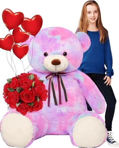 Tezituor Big Teddy Bear,52'' Giant Stuffed Animal Plush,Rainbow Purple Soft Plush Toys Gifts for Valentine, Christmas, Birthday
