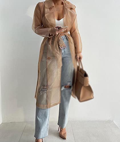 SOMTHRON Women's Sheer Mesh Long Sleeve Jacket Summer See Through Belted Button Down Lightweight Cardigan4