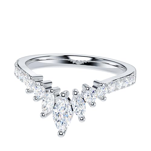 THELANDA Marquise & Round Genuine Moissanite or Simulated Diamond Sterling Silver Slight V Shape Crown Matching Ring Wedding Band3