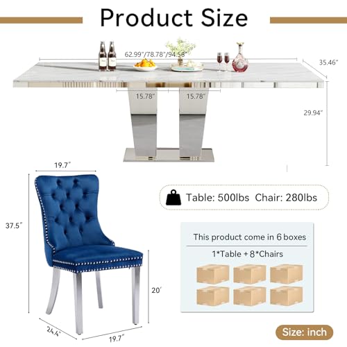 Image of 9-Piece Extendable Dining Table Set for 8, Modern 63 inch-94 inch White Faux Marble Expandable Kitchen Table Set with 8 Velvet Chairs, Large Extendable Dining Room Tables with Mirrored Columnar Base