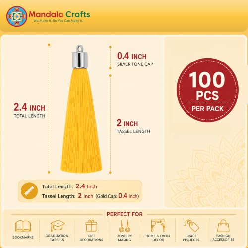 Image of Mandala Crafts Small Silver Tone Cap Yellow Bookmark Tassels with Loops