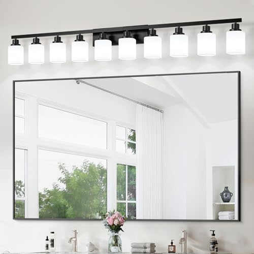 Image of 10-Light Bathroom Vanity Light,Modern Matte Black Bathroom Light Fixtures with Square Frosted Glass,64.5in Wall Sconces Over Mirror Restroom,Living Room Hallway E26