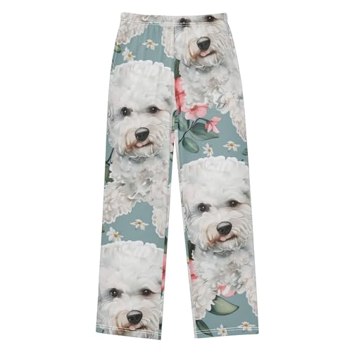 Bichon and Floral Boys Long Pants Soft Trousers Elastic Waist Kids Lounge Bottoms with Pockets S-XL