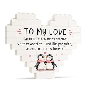 Gifts for Him Her Christmas- Penguin Building Blocks Puzzle Plaque, Anniversary Birthday Gifts for Women Men, Romantic Wedding Gifts for Husband Wife Girlfriend Boyfriend, I Love You Sign Card