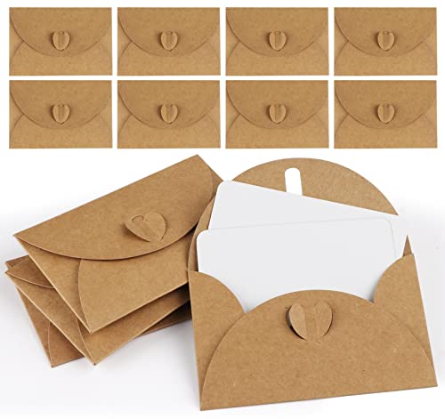 Mocraft 25 Mini Briefumschläge mit Karten Vintage Mini Kraftpapier Umschläge Blanko Kärtchen kleine briefumschlägemit Herz Verschluss für Geschenkkarten DIY Dankeskarten