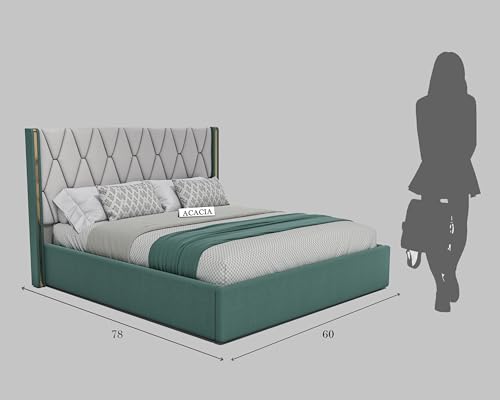 Image of Acacia Modern Upholstered Queen Size Bed with Box Storage for Bedroom | Wooden Double Bed with Storage | Platform Cot Bed with Upholstery Premium Fabric | 6.5 x 5 Ft, Sheesham Wood (Greendust & White)