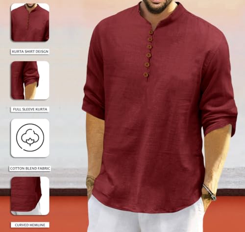 Image of FINIVO FASHION Men's Solid Cotton Blend Regular Fit Straight Kurta with Roll of Sleeve and Classic Collar, Pack of 1