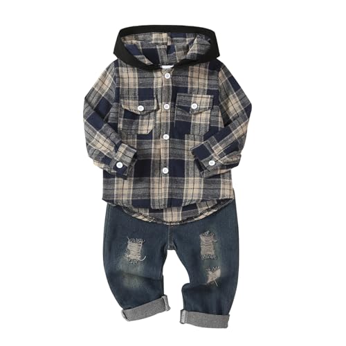 Image of Toddler Baby Boy Fall Winter Clothes Long Sleeve Plaid Hooded Sweatshirt Ripped Holes Jeans Set 1-5 Years Old