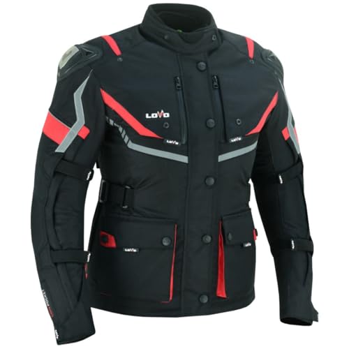 Giacca tristrato 3/4 da tutte le stagioni per moto Donna in colore rosso, Colore nero con dettagli in rosso, L