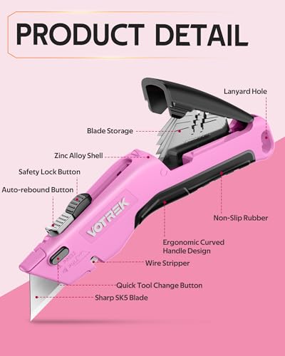 Image of VOTREK Box Cutter Utility Knife, 2-in-1 Safety Retractable Box Cutter for Women, Quick Change Razor Knife for Home, Office & DIY, Blade Storage Design, with Extra Sharp Razor & Hook Blades (Pink)